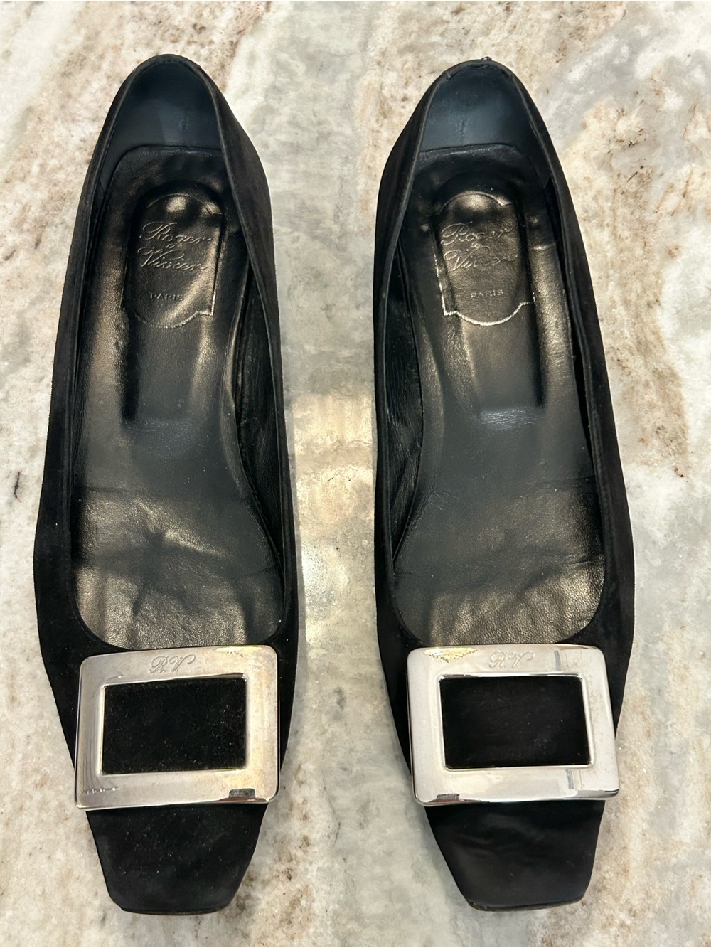 Roger Vivier Black Suede Flats with low heal& with Signature Silver Buckles.